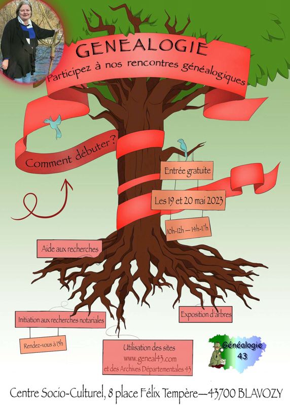 Rencontres généalogiques Haute-Loire 2023, 19-20 mai 2023, Blavozy (affiche, réalisation association Généalogie 43)