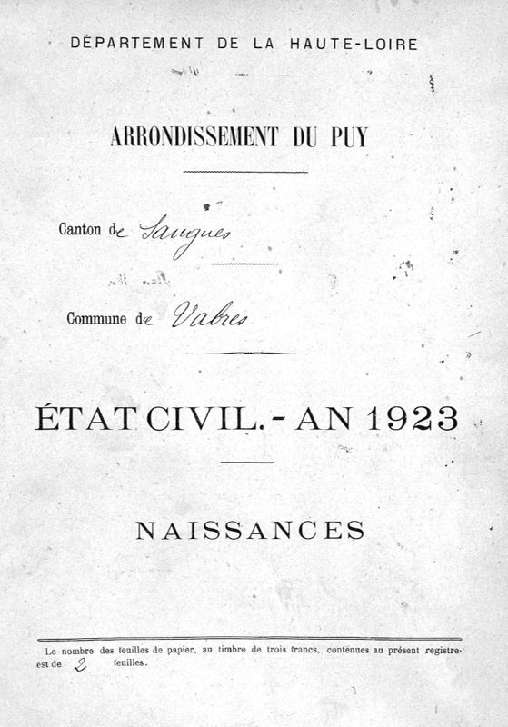 Page de garde des actes de naissances de l'année 1923 de la commune de Vabres (1925 W 977)