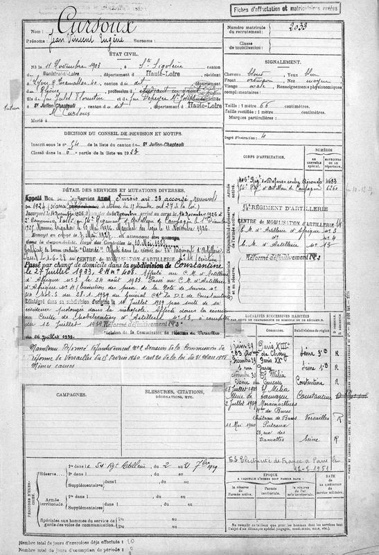 Fiche matricule militaire n° 2033, classe 1923 (Arch. dép. Haute-Loire, 1 R 1088)