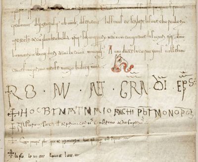 Archives départementales de la Haute-Loire. Charte illustrée datant de  1101, don de Romualdo, évêque de Monopoli (1 H 171/1-2).