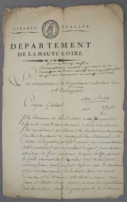 Archives départementales de la Haute-Loire. Adresse de l'administrateur du département de la Haute-Loire à Buonaparte, 24 janvier 1798 (2 L 255).