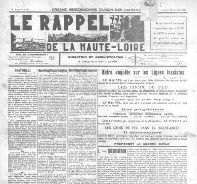 Archives départementales de la Haute-Loire. Journal "Le Rappel de la Haute-Loire", édition du 30 novembre 1935 (2 PB 41).