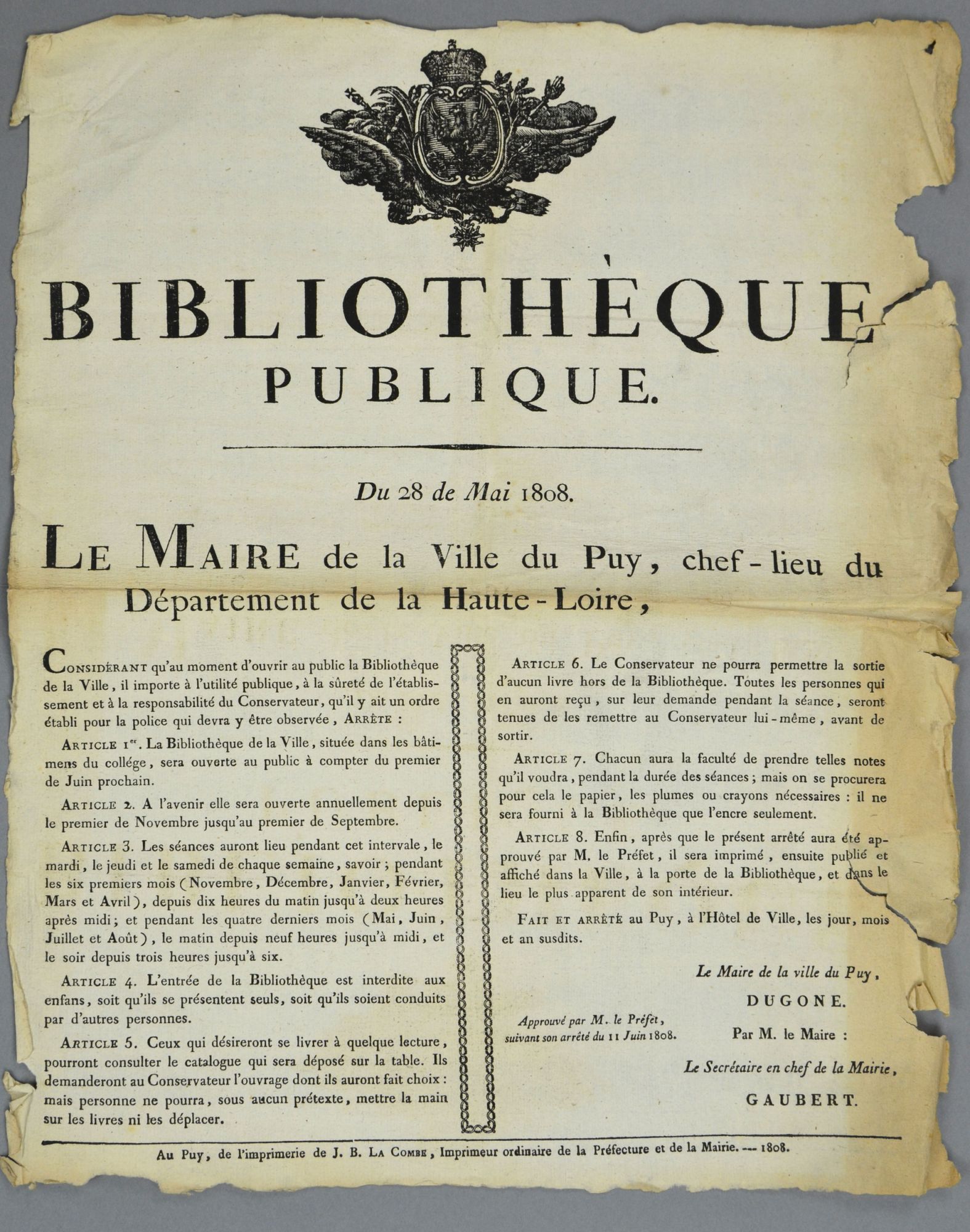 Ouverture de la bibliothèque municipale du Puy-en-Velay (juin 1808)