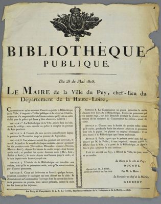 Archives départementales de la Haute-Loire. Affiche annonçant l'ouverture de la bibliothèque publique du Puy, 27 mai 1808 (4 T 23/1).