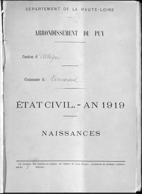 Archives départementales de la Haute-Loire. Mise en ligne des actes de naissances de l'année 1919 (Vernassal, 1925 W 1009, détail).