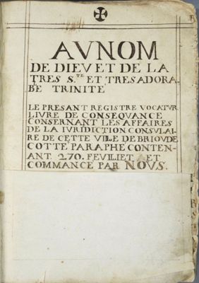 Archives départementales de la Haute-Loire. Entrée d'archives, registre du Tribunal de commerce de Brioude, page de garde (6 U 2).