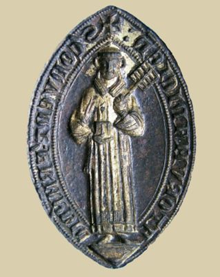 Archives départementales de la Haute-Loire. Matrice de sceau du couvent Saint-Laurent des dominicains du Puy-en-Velay (1300).