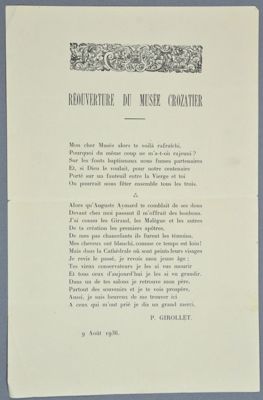 Archives départementales de la Haute-Loire. Pamphlets politiques de Girollet et anonymes, "Réouverture du musée Crozatier" (1 J 957).