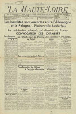 Archives départementales de la Haute-Loire. Une du journal "La Haute-Loir", numéro du 2 septembre 1939 (2 Pb 8).