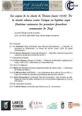 Archives départementales de la Haute-Loire. Journée d'étude "Les enjeux de la charte de Vernon, mars 1219".