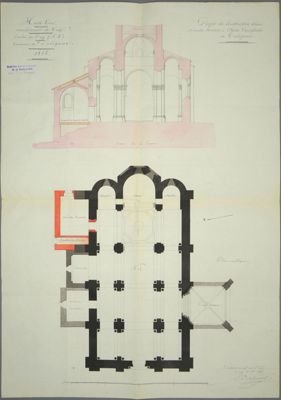 Archives départementales de la Haute-Loire. Projet de construction d'une nouvelle sacristie dans l'église paroissiale de Polignac, plan de coupe et plan de sol, 1855 (152 O IV/1).