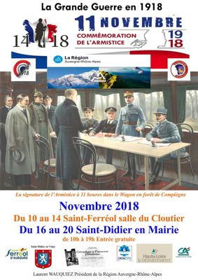 Archives départementales de la Haute-Loire. Exposition "La Grande Guerre en 18" à Saint-Ferréol-d'Allier et Saint-Didier-en-Velay (association Généalogie et patrimoine désidérien).