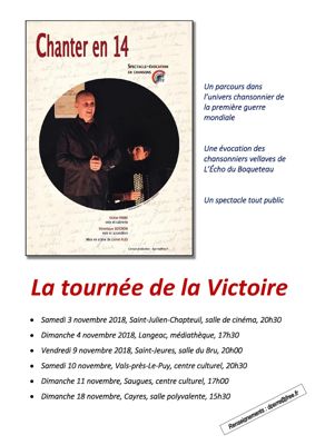 Archives départementales de la Haute-Loire. Spectacle chanté "La tournée de la Victoire" (D. Perre, V. Soignon, L. Ales).