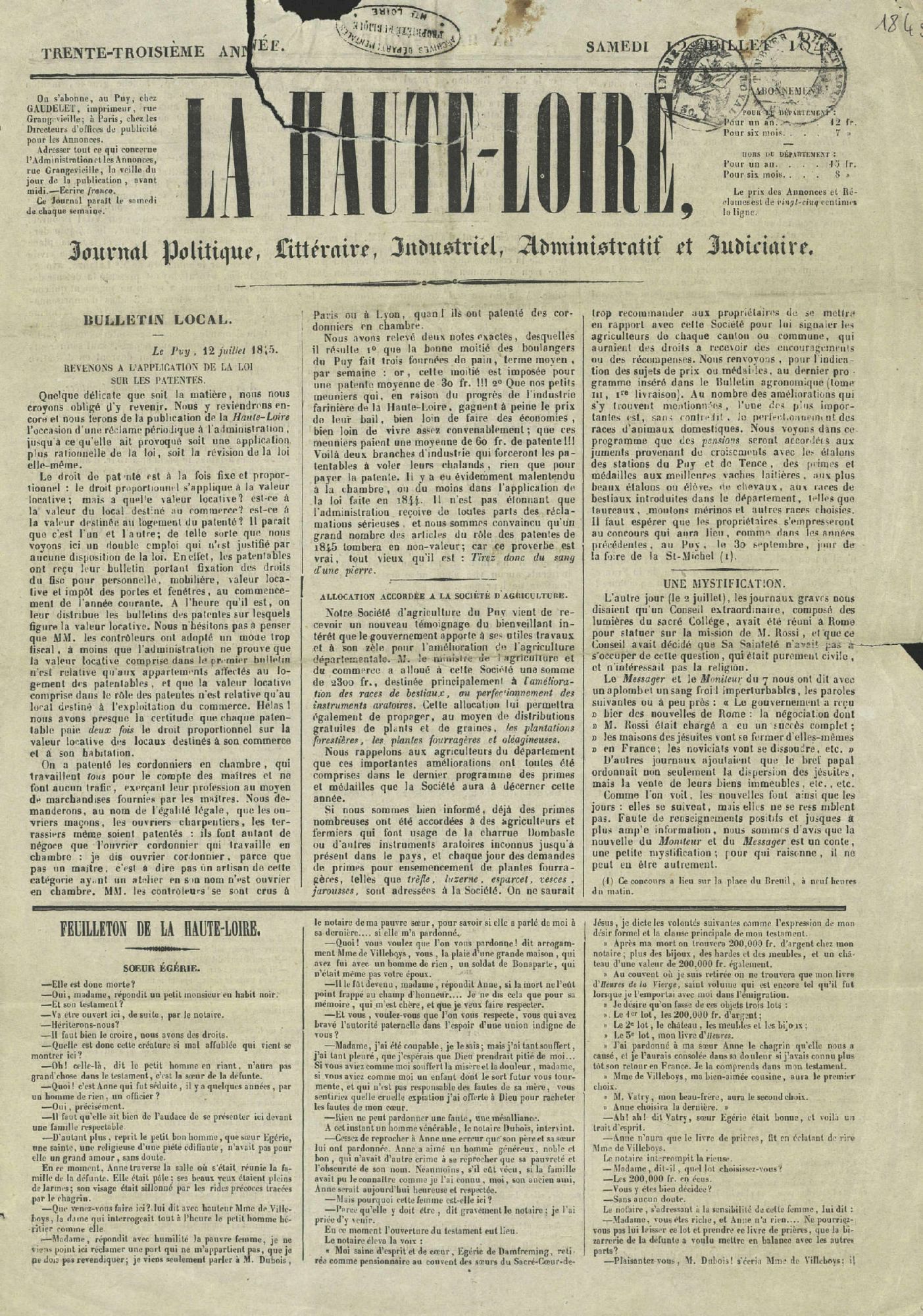 Journal "La Haute-Loire" des origines (1845) à 1919