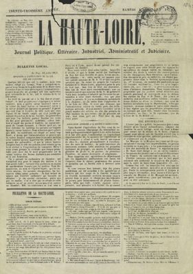 Archives départementales de la Haute-Loire. Journal "La Haute-Loire", mise en ligne des années 1845-1913 (2 Pb 8, Une du 12 juillet 1845).