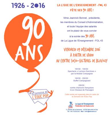 Archives départementales de la Haute-Loire. Soirée anniversaire pour les 90 ans de la Ligue de l'Enseignement de Haute-Loire.