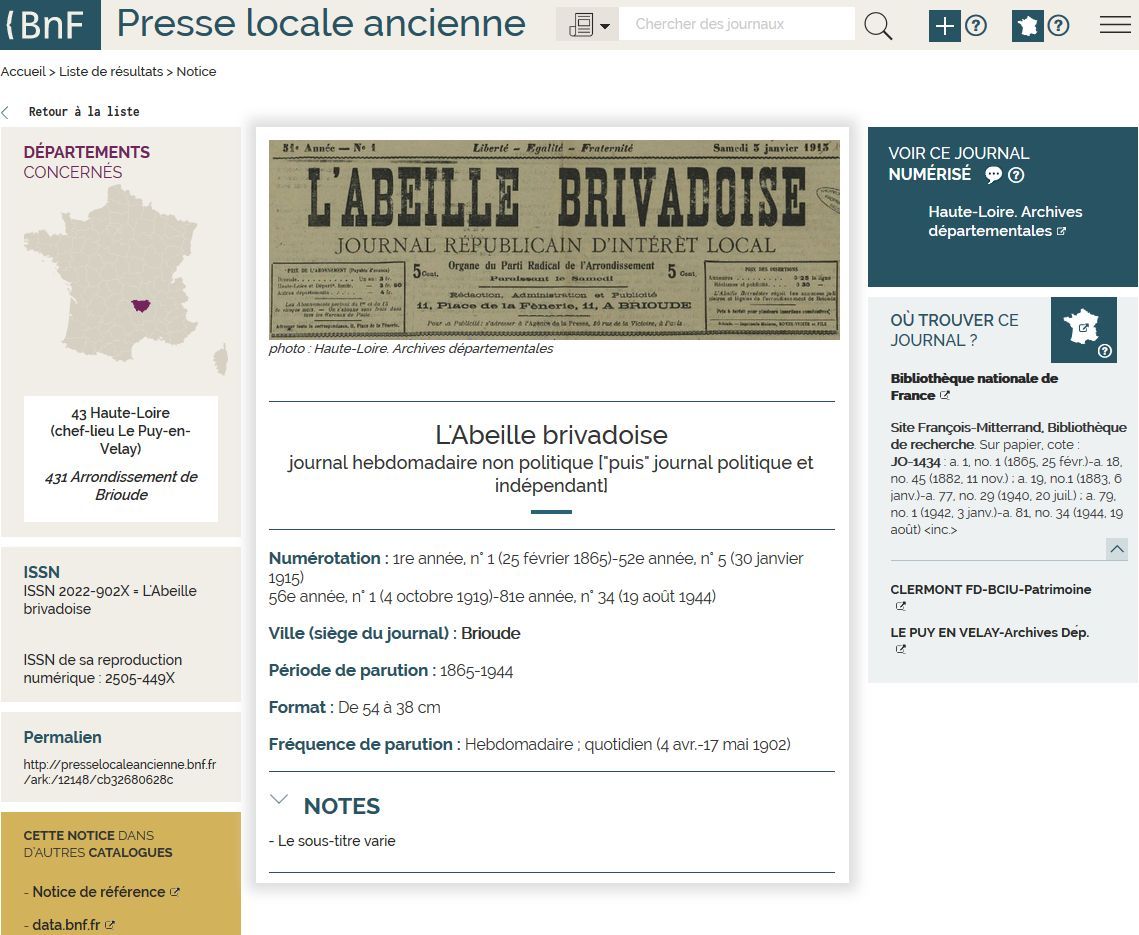 Presse ancienne altiligérienne sur le site national
