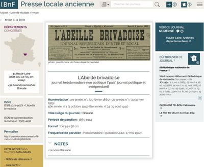 Archives départementales de la Haute-Loire. Presse ancienne altiligérienne sur le site de la BNF.