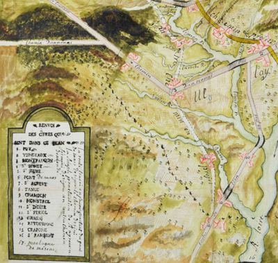 Archives départementales de la Haute-Loire. Carte aquarellée des routes du Velay au XVIIIe siècle, détail (1 C 2572).