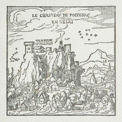 Archives départementales de la Haute-Loire. « Le chasteau de Polygnac en Velai », gravure tirée de l'ouvrage « Description de la Limagne d'Auvergne » de Gabriel Simeoni, 1561 (5 Fi polignac 14).