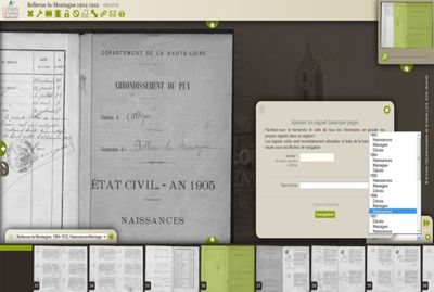 Archives Départementales de la Haute-Loire. Signets ouverts sur l'état civil et les recensements de population.