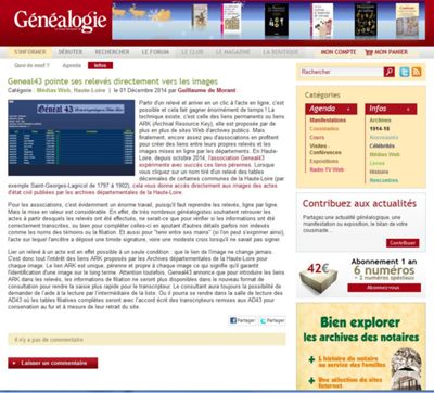 Archives départementales de la Haute-Loire. Article du site de la Revue française de généalogie (RFG) sur les liens ARK utilisés par geneal43.com (décembre 2014).