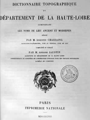 Archives départementales de la Haute-Loire. Dictionnaire topographiqhe de la Haute-Loire.