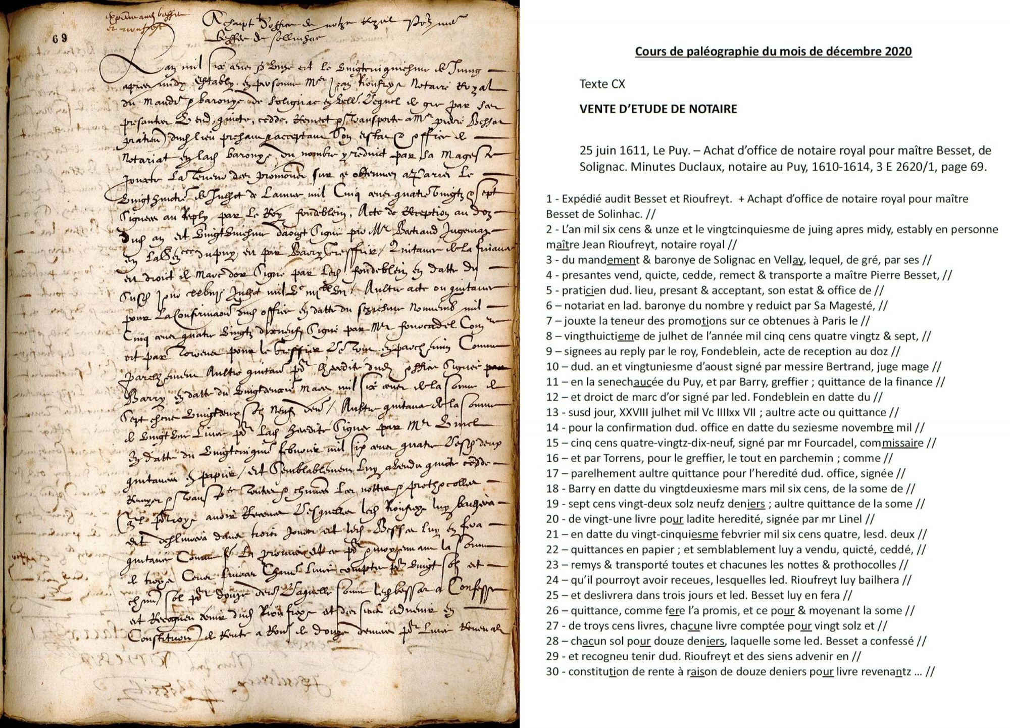 Cours de paléographie du mois de décembre 2020 et corrigé