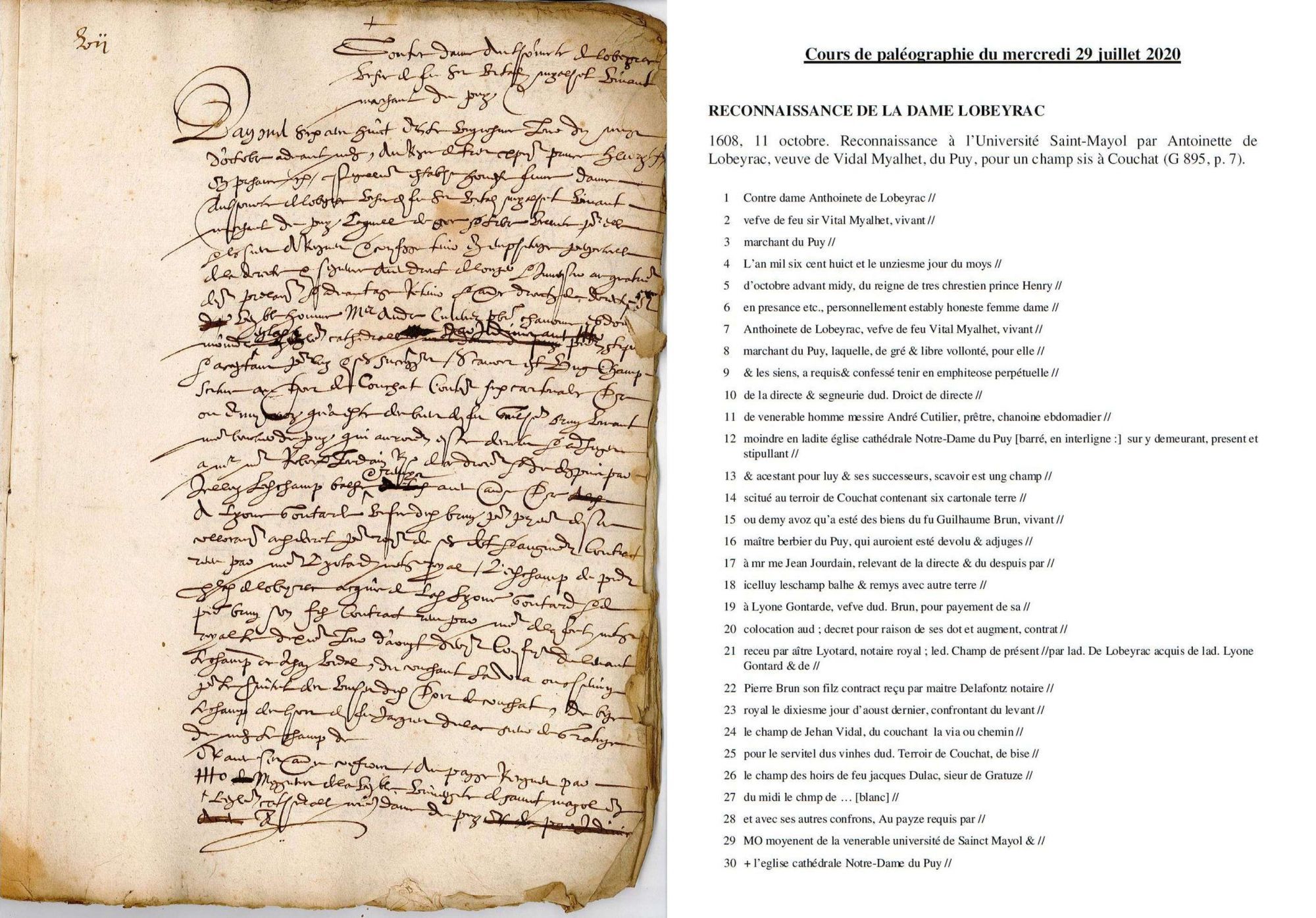 Cours de paléographie du mois de juillet 2020 et corrigé (cours exceptionnel en raison du confinement)