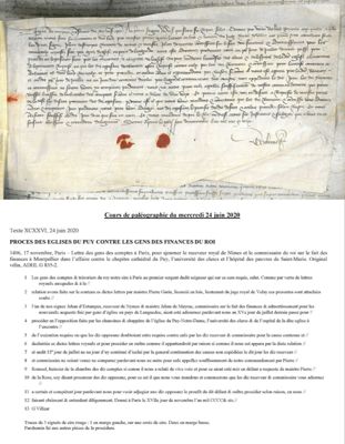 Archives départementales de la Haute-Loire. Cours de paléographie, mois de juin 2020 (G 835-2) et corrigé.