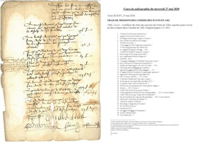 Archives départementales de la Haute-Loire. Cours de paléographie, mois de mai 2020 (1 C 441), texte et corrigé.