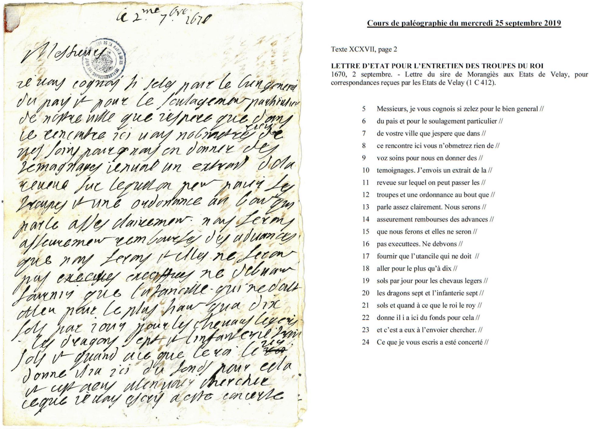 Cours de paléographie du mois de septembre 2019 et corrigé