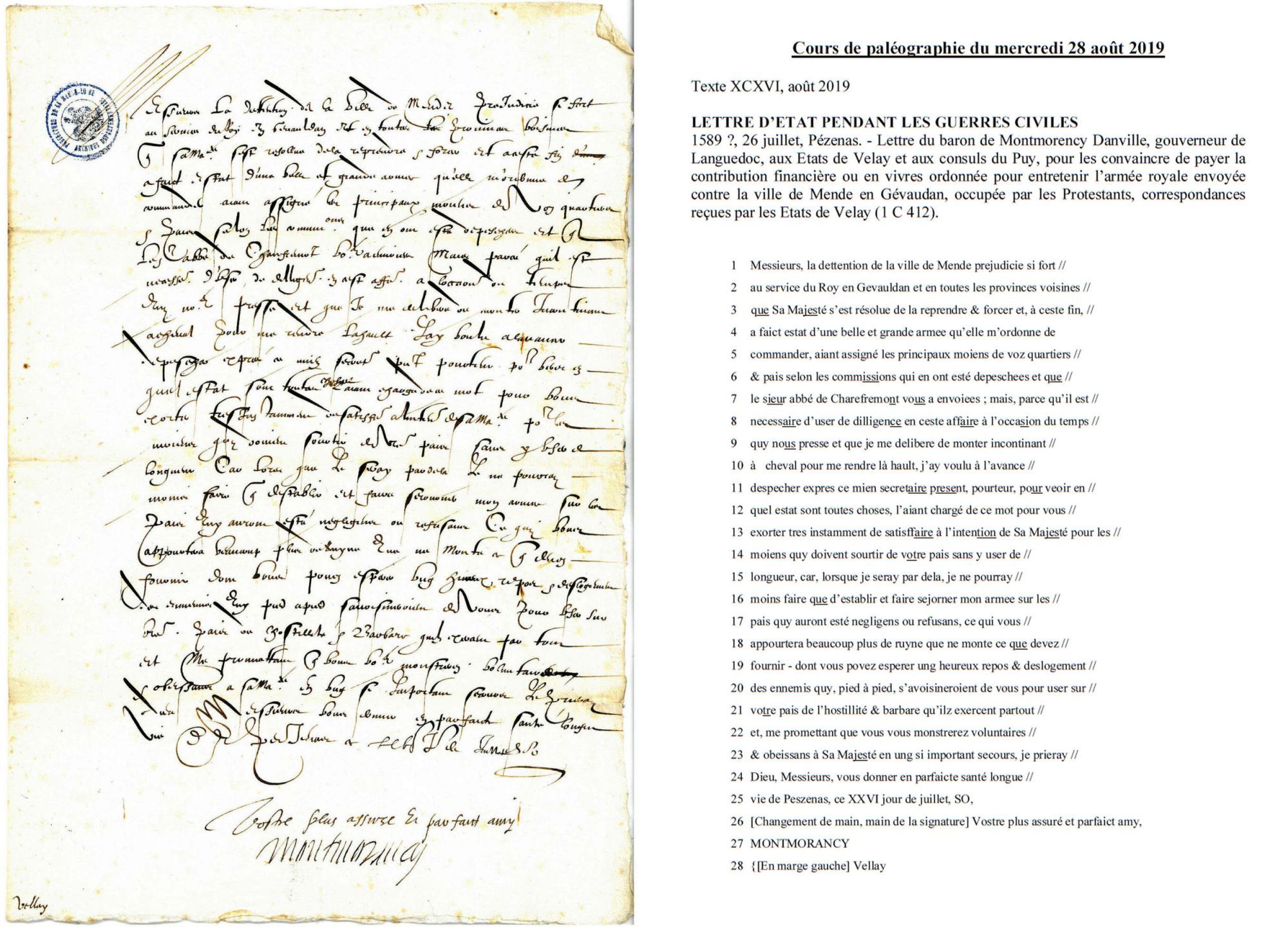 Cours de paléographie du mois d'août 2019 et corrigé