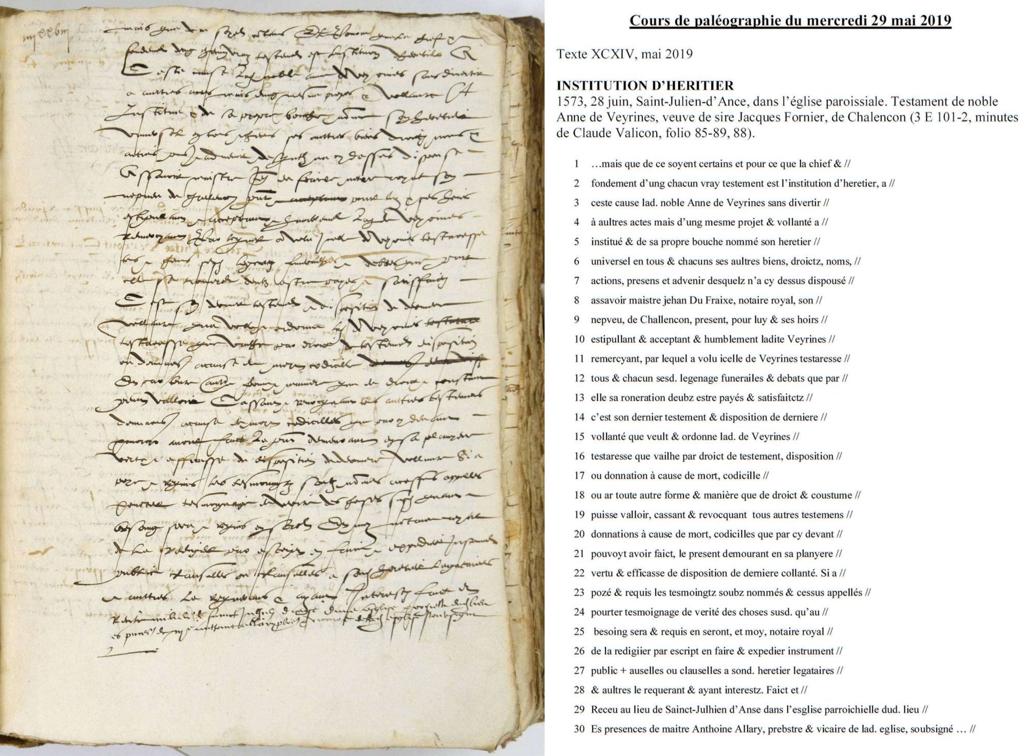 Cours de paléographie du mois de mai 2019 et corrigé