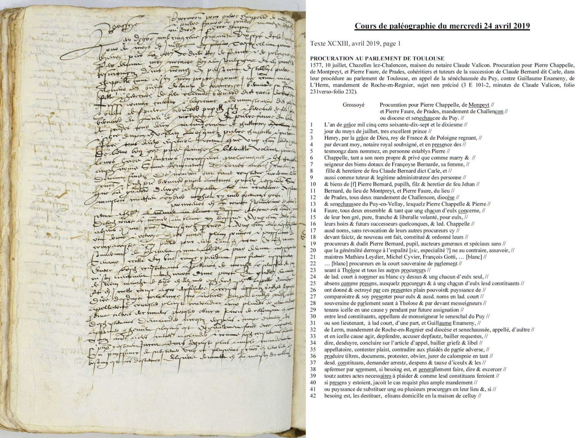 Cours de paléographie du mois d'avril 2019 et corrigé