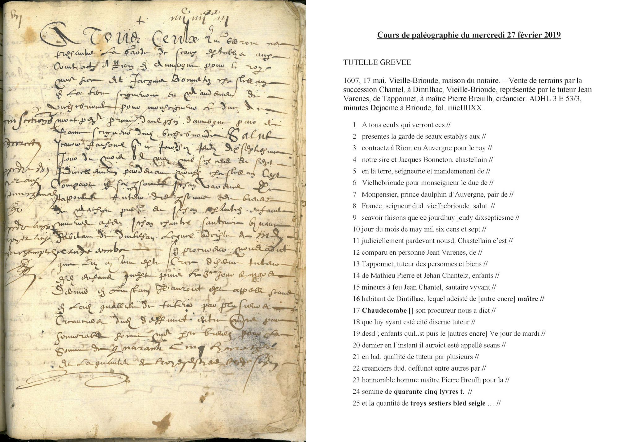 Cours de paléographie du mois de février 2019 et corrigé