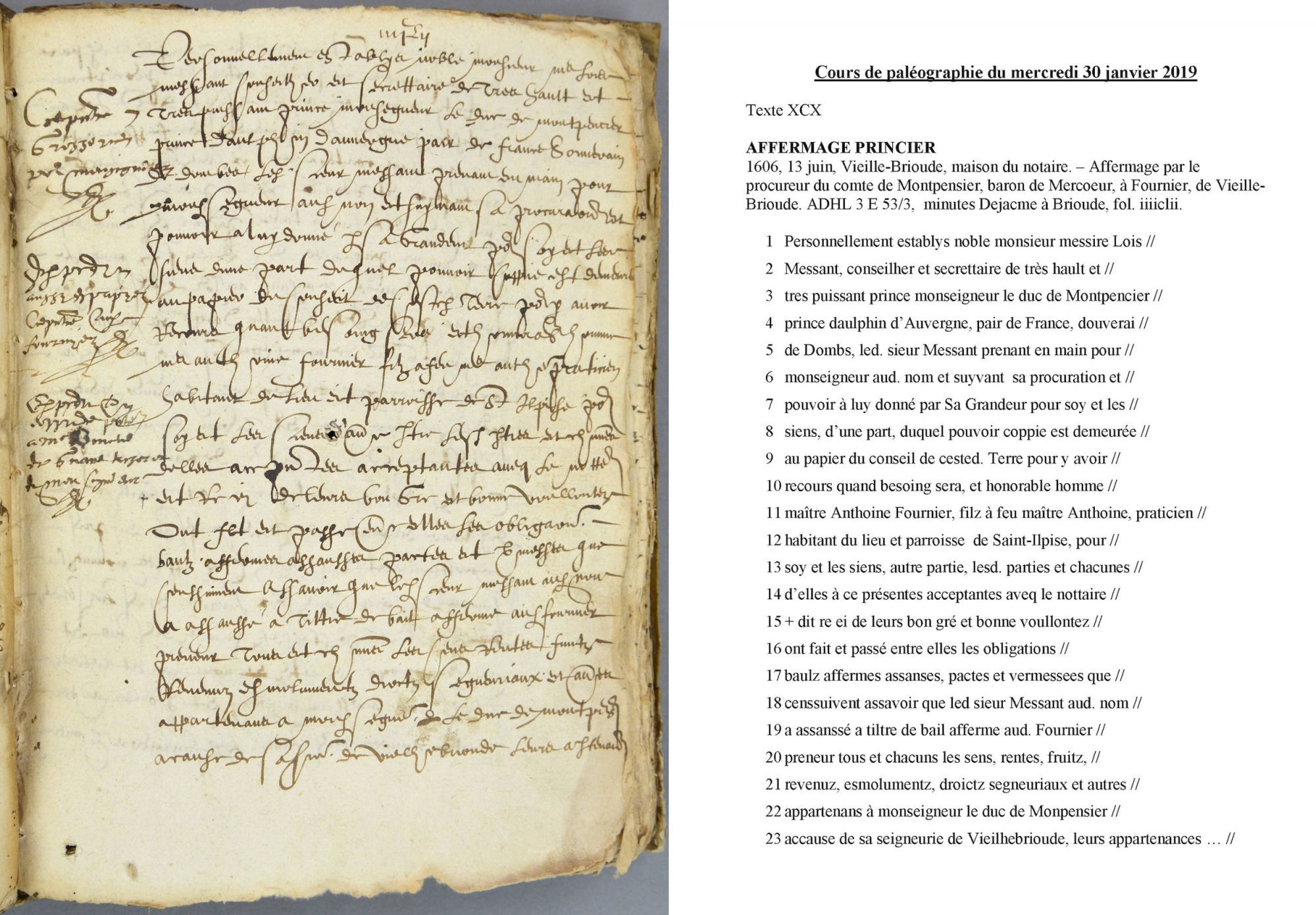 Cours de paléographie du mois de janvier 2019 et corrigé