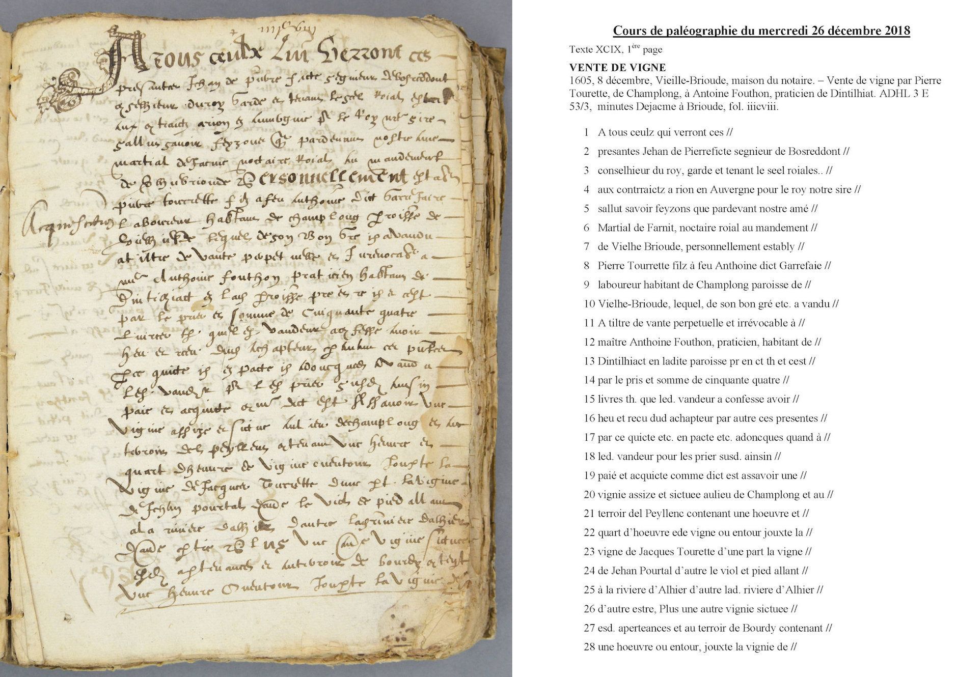 Cours de paléographie du mois de décembre 2018 et corrigé