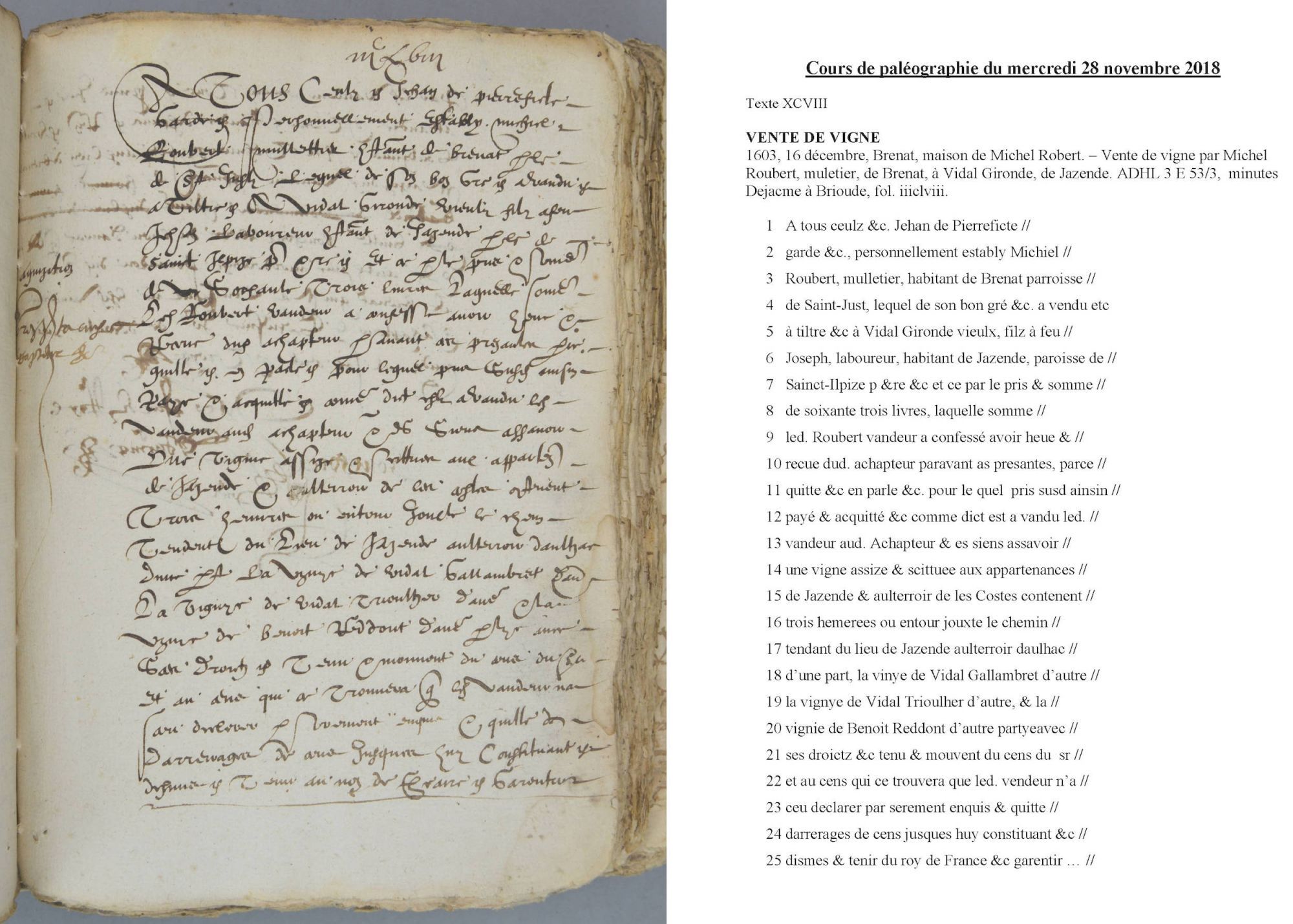 Cours de paléographie du mois de novembre 2018 et corrigé