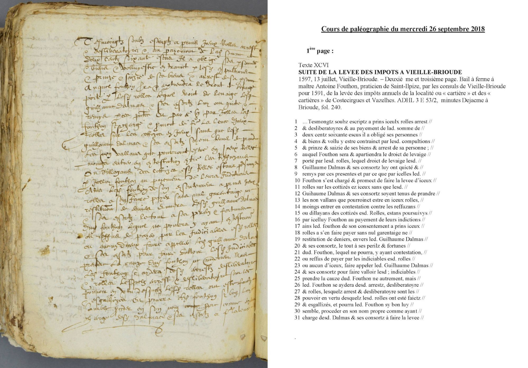 Cours de paléographie du mois de septembre 2018 et corrigé