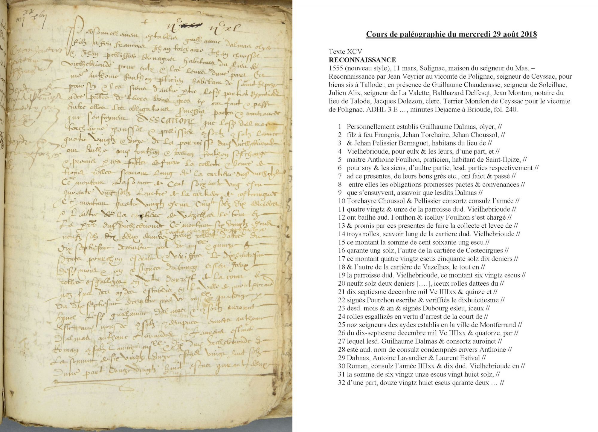 Cours de paléographie du mois d'août 2018 et corrigé