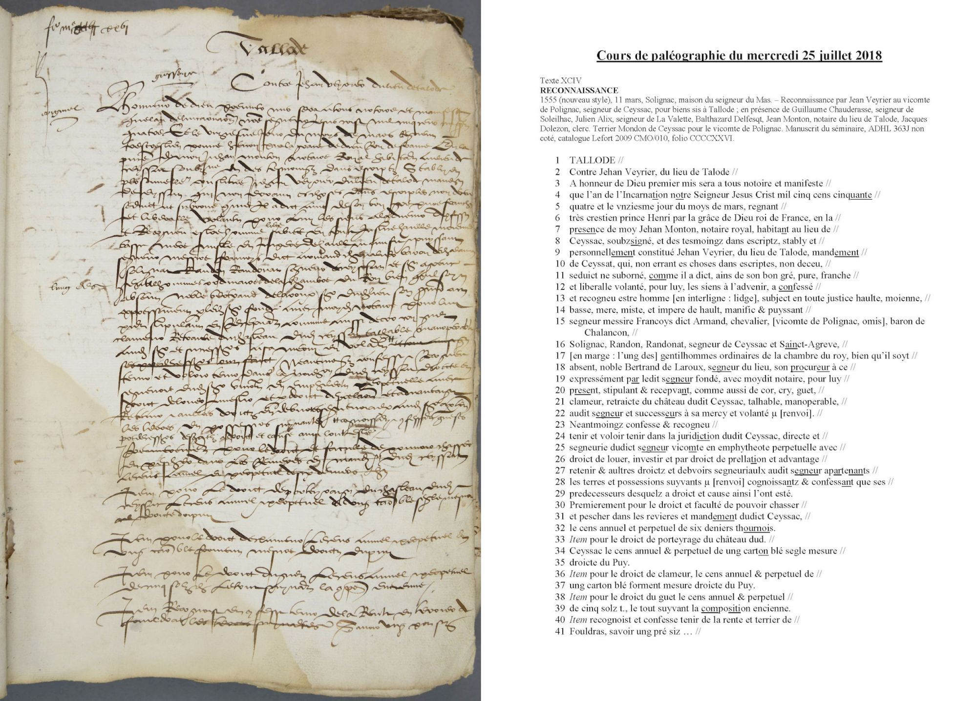 Cours de paléographie du mois de juillet 2018 et corrigé