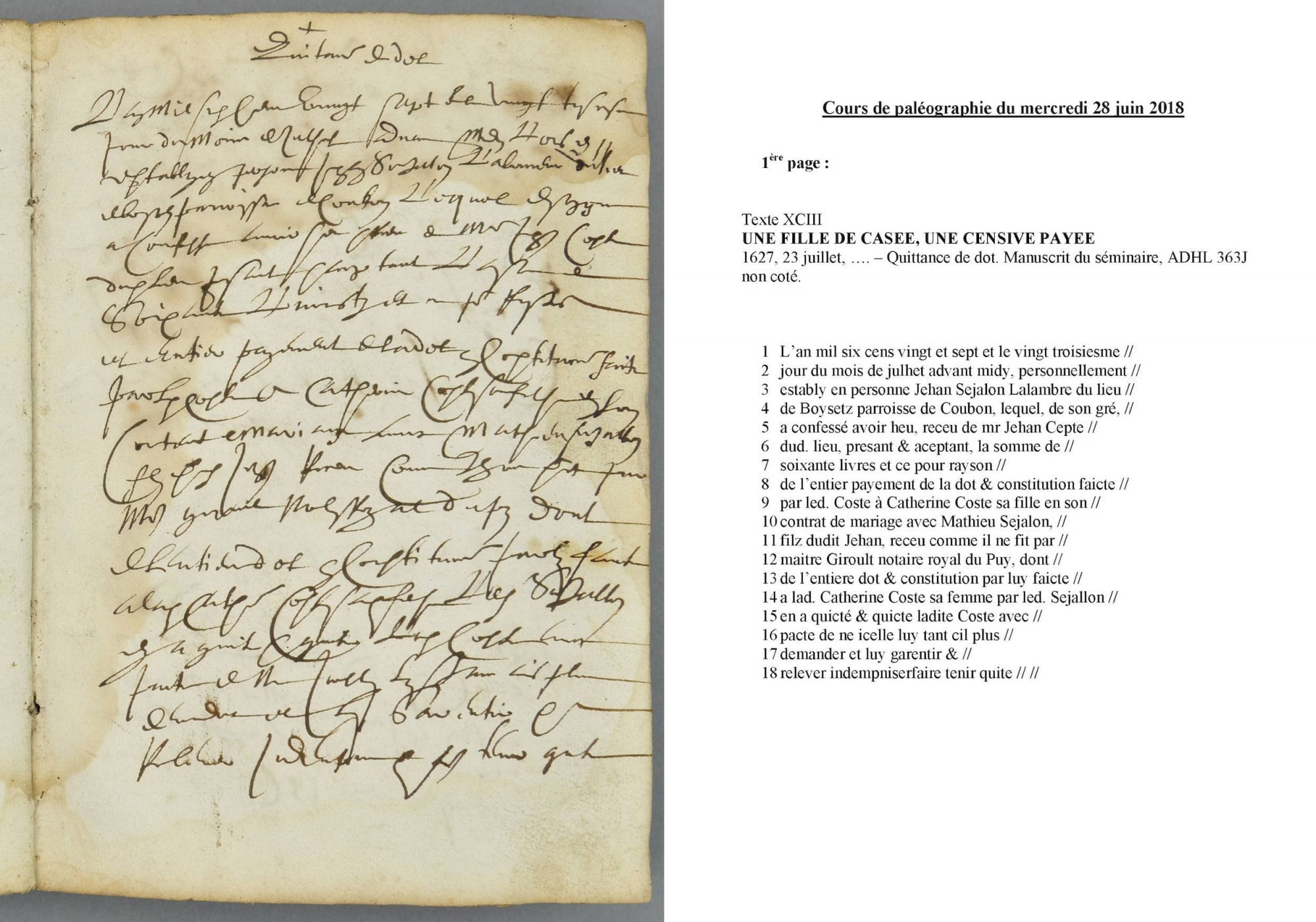 Cours de paléographie du mois de juin 2018 et corrigé