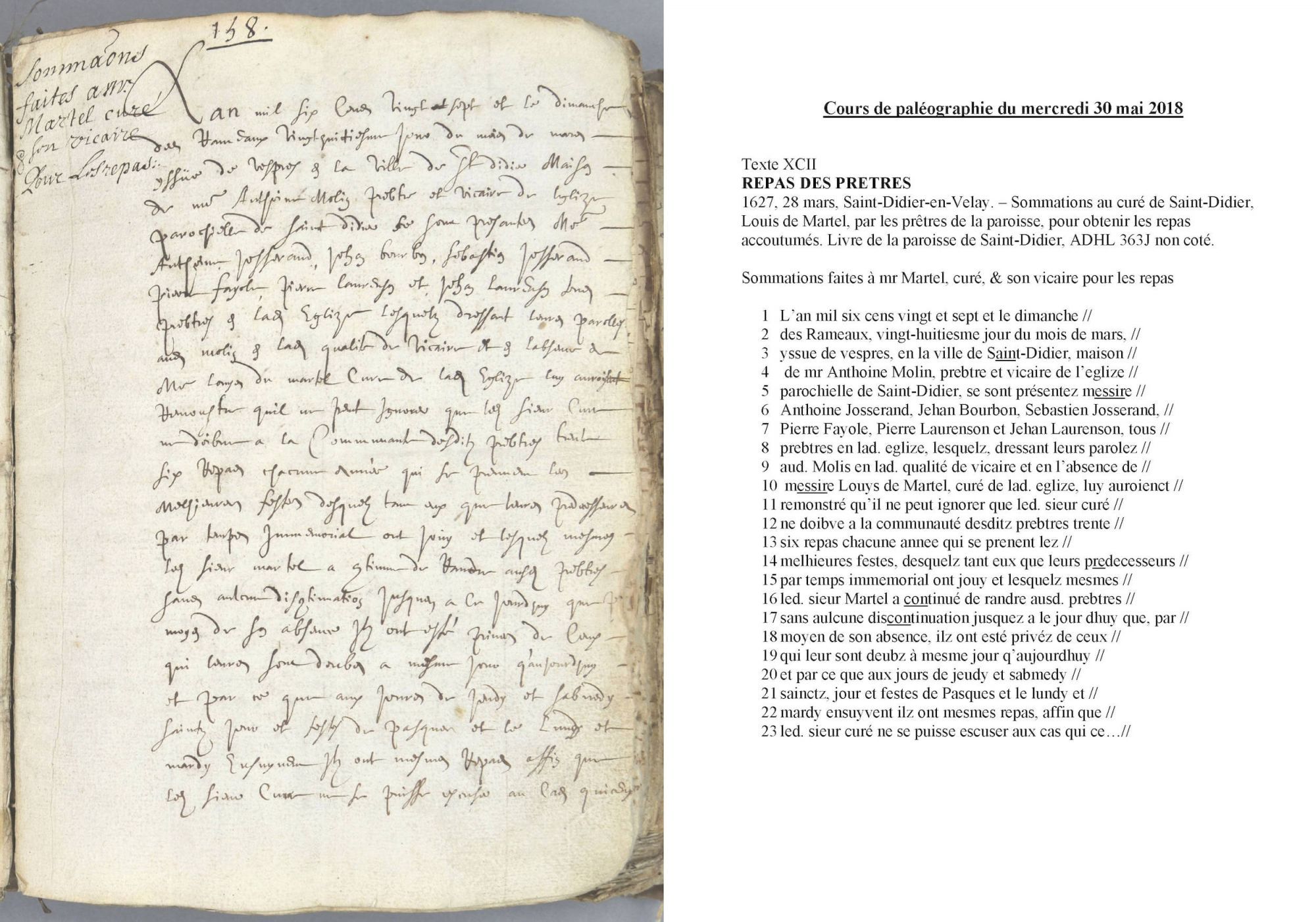 Cours de paléographie du mois de mai 2018 et corrigé