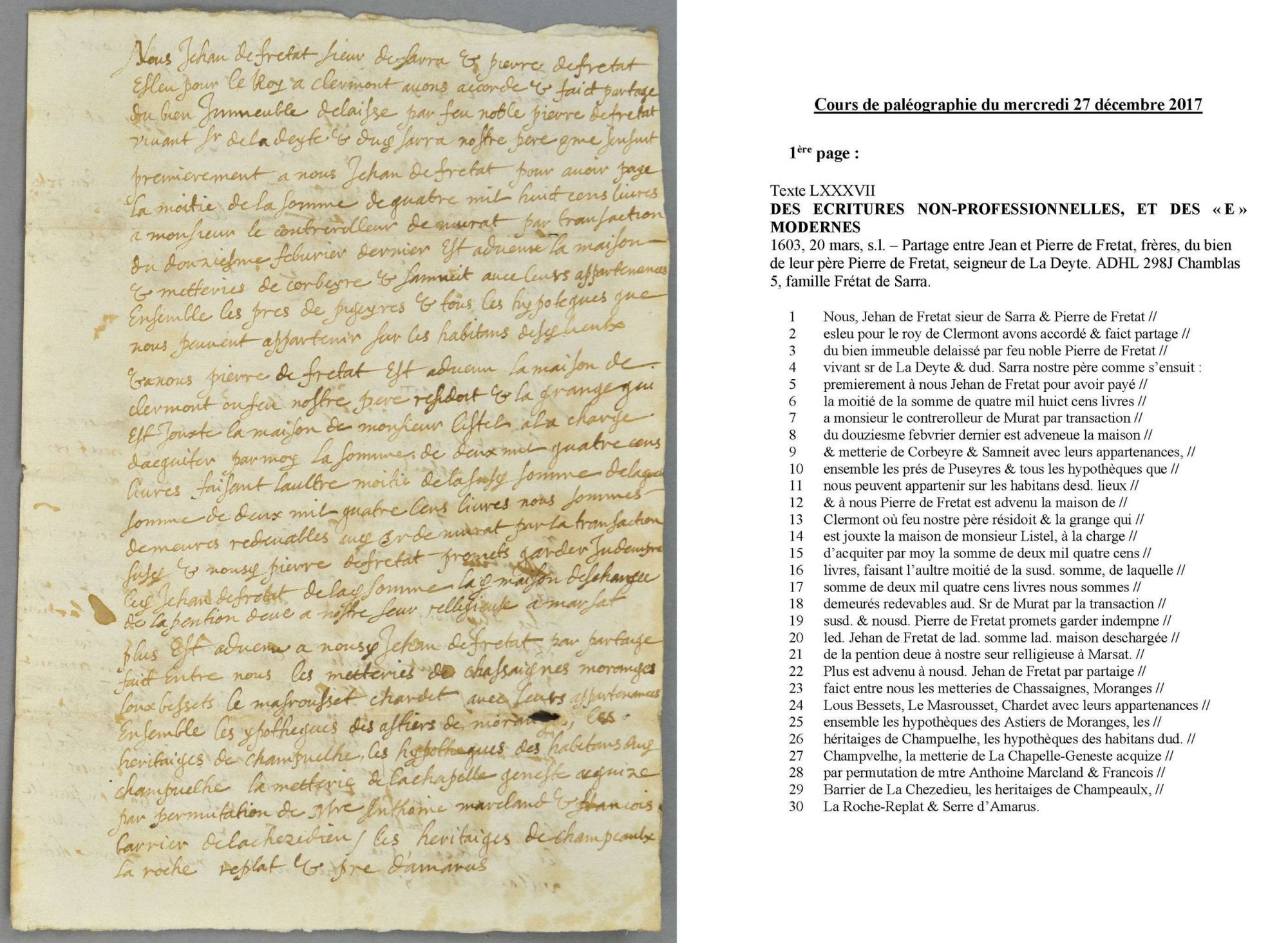 Cours de paléographie du mois de décembre 2017 et corrigé