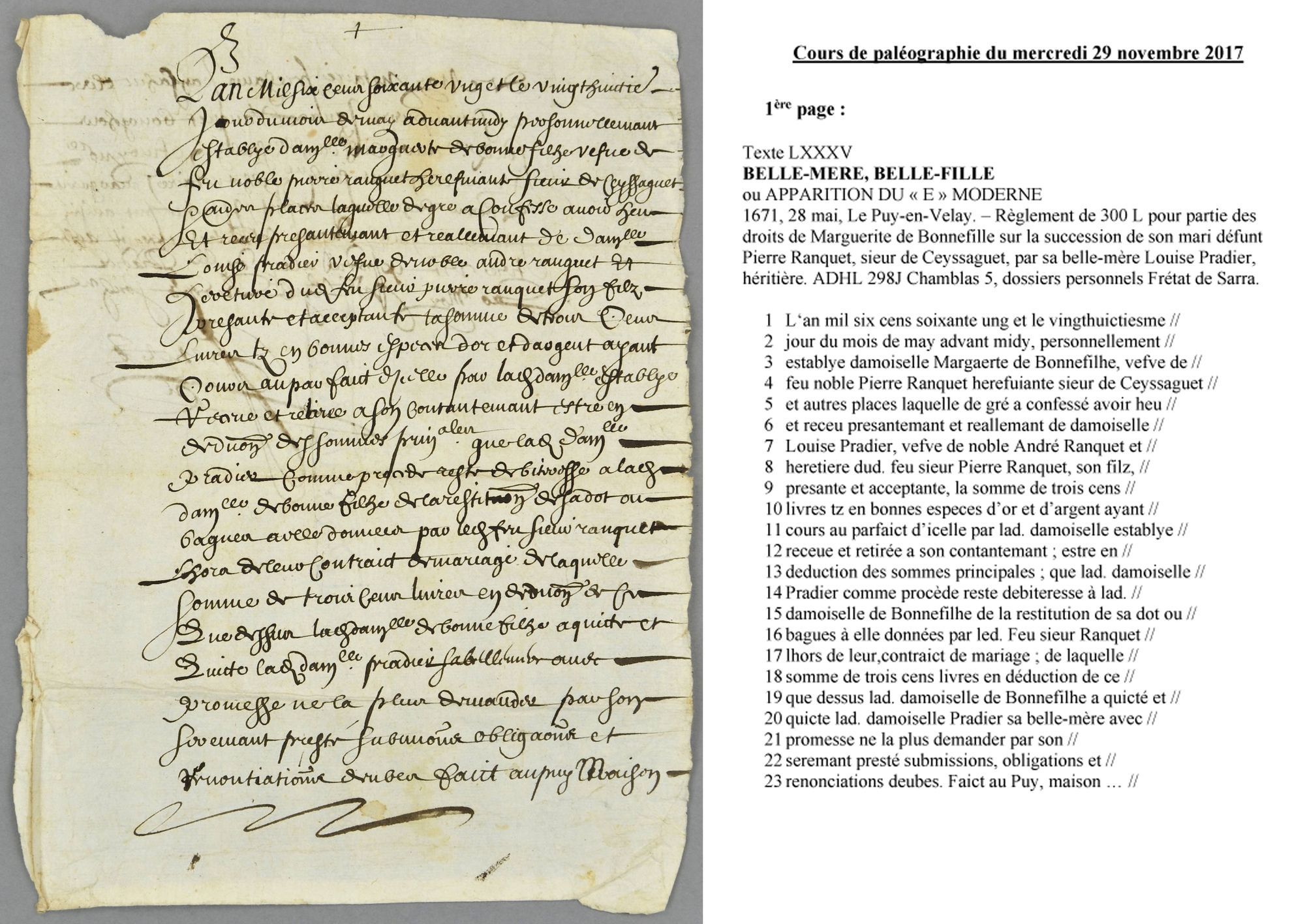 Cours de paléographie du mois de novembre 2017 et corrigé