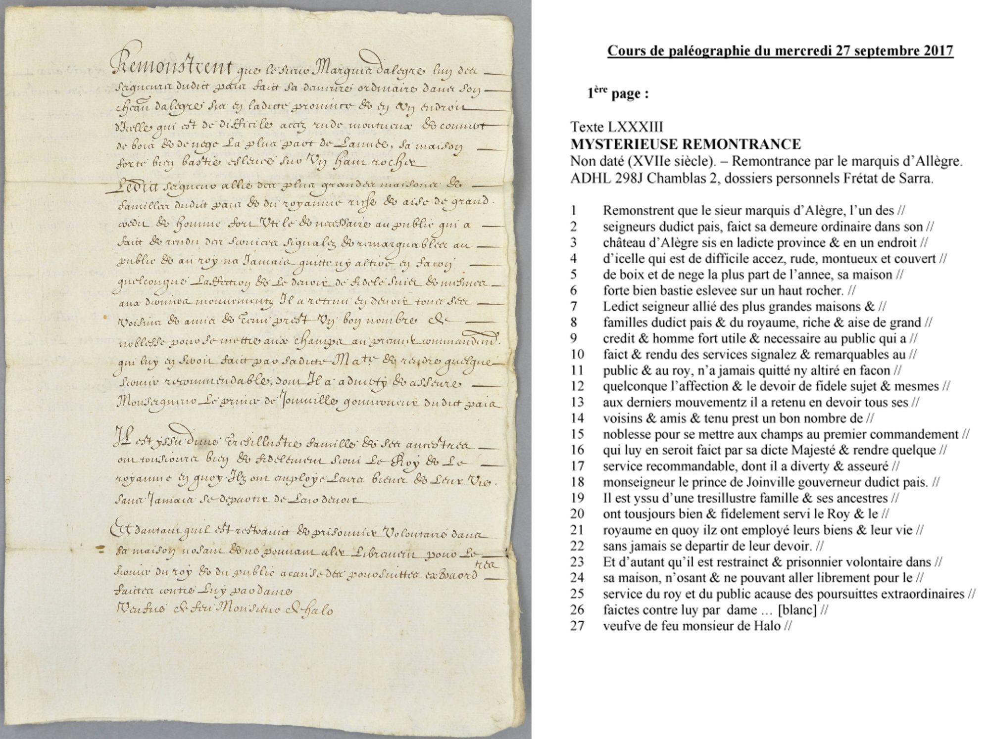 Cours de paléographie du mois de septembre 2017 et corrigé