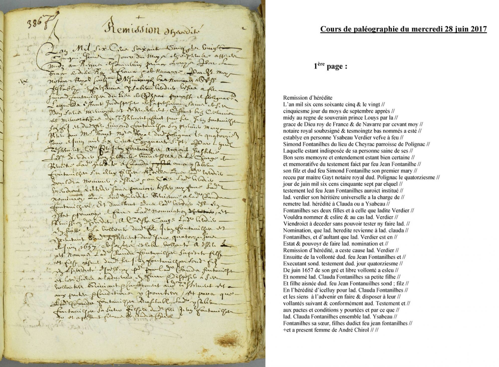 Cours de paléographie du mois de juin 2017 et corrigé