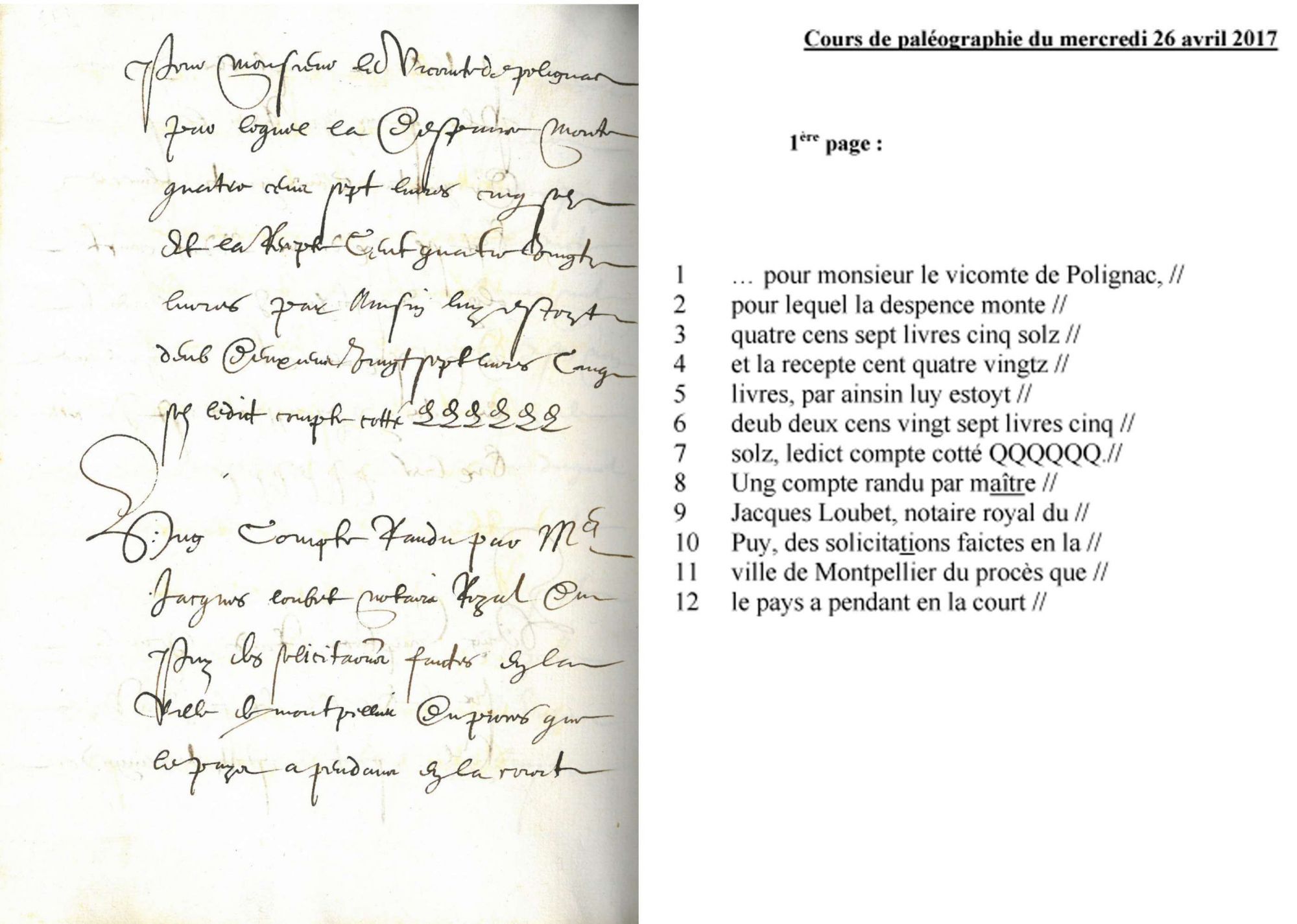 Cours de paléographie du mois d'avril 2017 et corrigé