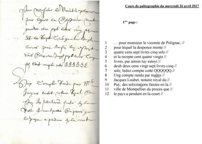 Archives départementales de la Haute-Loire. Cours de paléographie, texte du mois d'avril 2017 et corrigé (1 C NC). 